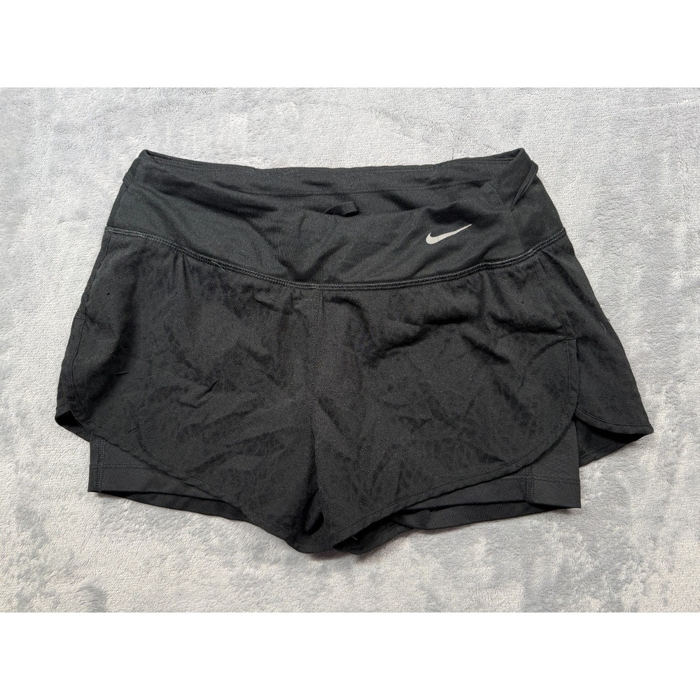 Nike Dri-Fit 2-in-1 Running Shorts Womens Small Black Brief Lined Swoosh Logo